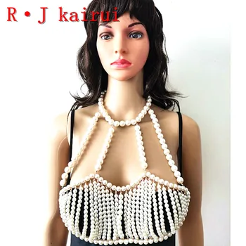 Jaunu RJPE12 Modes Sieviešu Zelta Ķēdes Slāņi Mākslīgas Pērles Top Krūšturis Ķēdes Struktūra, Kostīmu Rotaslietas 2 Krāsas
