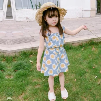 2-7year veca meitene apģērbs vasaras divdaļīga saules puķu linga sporta krekls T-krekls + Puse garuma kleitu modes kvalitātes bērnu apģērbu